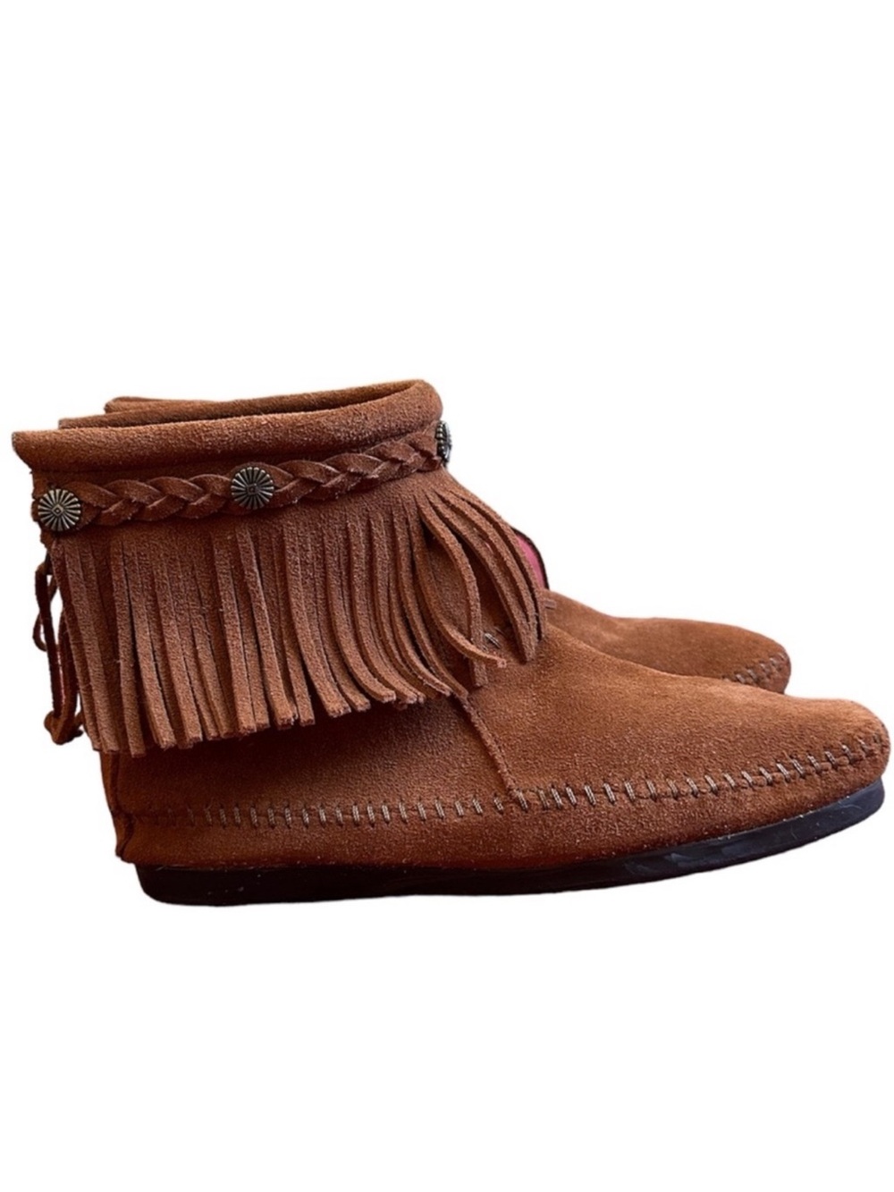 Minnetonka Back Zip Brown Suede Fringe Moccasin Boot Size 6.5